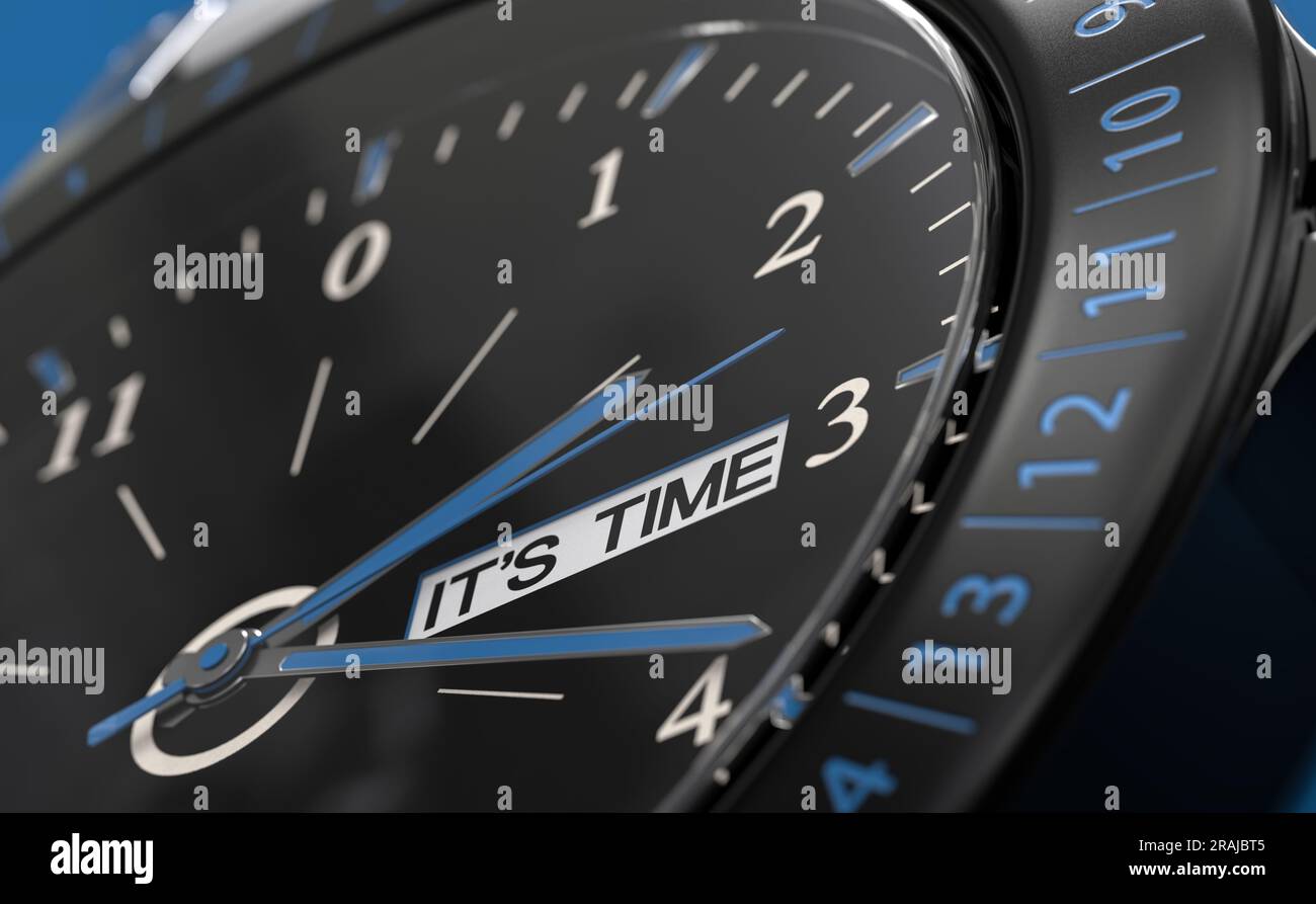 3D Abbildung einer Uhr mit dem Text „IT's Time“. Konzept der Frist oder Dringlichkeit zum Erreichen eines Ziels. Stockfoto