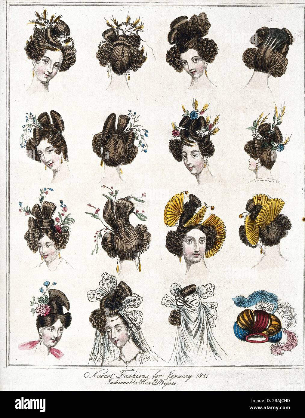 Mode, hat Fashion, fünfzehn Frauen tragen die neuesten modischen Kopfschmuck aus dem Jahr 1831, auch einen Hut mit Federn, Frankreich, historische, digital restaurierte Reproduktion eines Originals aus dem 19. Jahrhundert. / Mode, Hutmode, Fünfzehn Köpfe von Frauen, die neuesten modischen Kopfbedeckungen von 1831 tragen, außerdem ein Hut mit Federn, Frankreich, Historisch, digital restaurierte Reproduktion von einer Vorlage aus dem 19. Hundert Stockfoto