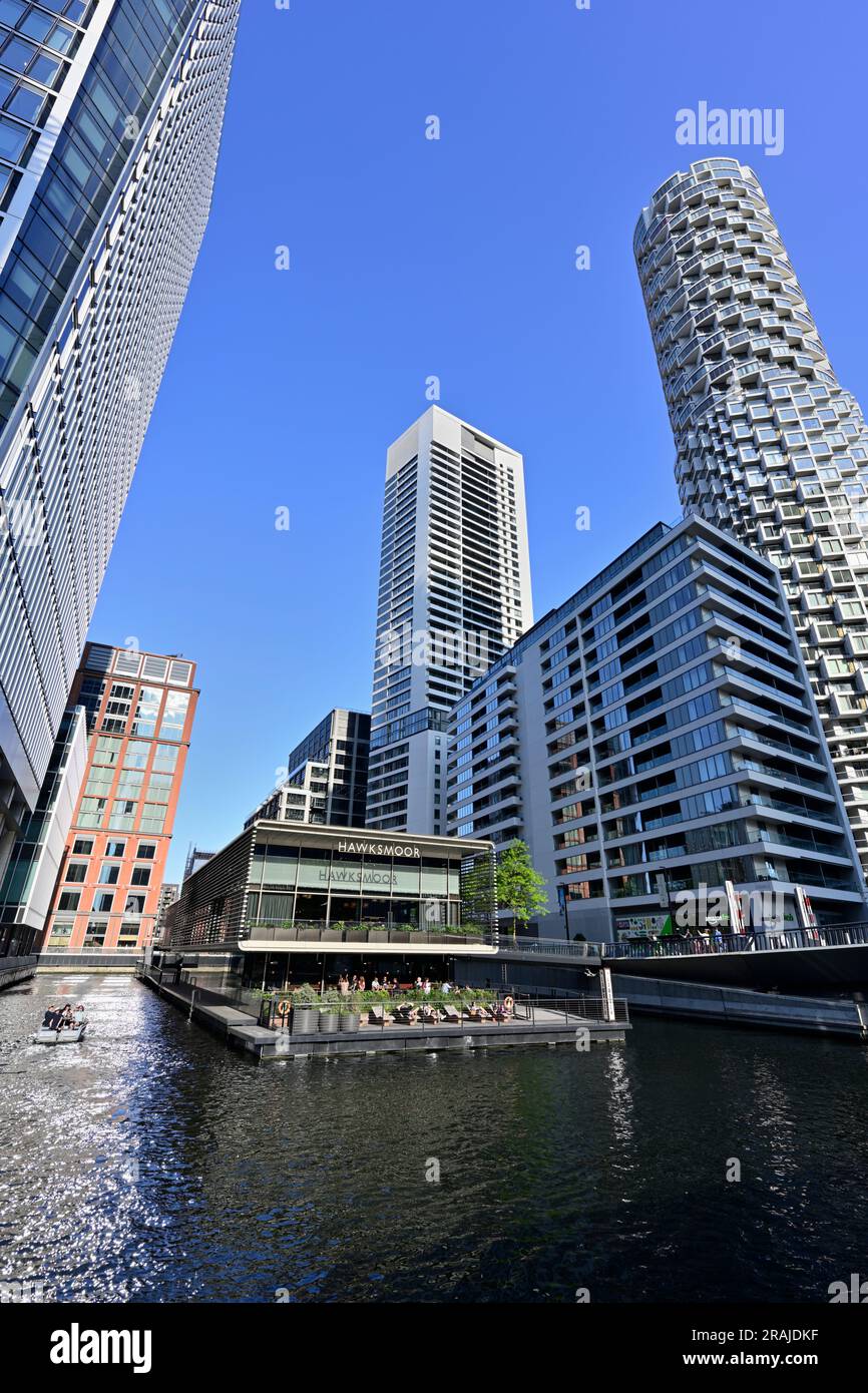 Hawksmoor Wood Wharf und The Lowback, Water Street, Canary Wharf Docklands, East London, Vereinigtes Königreich Stockfoto