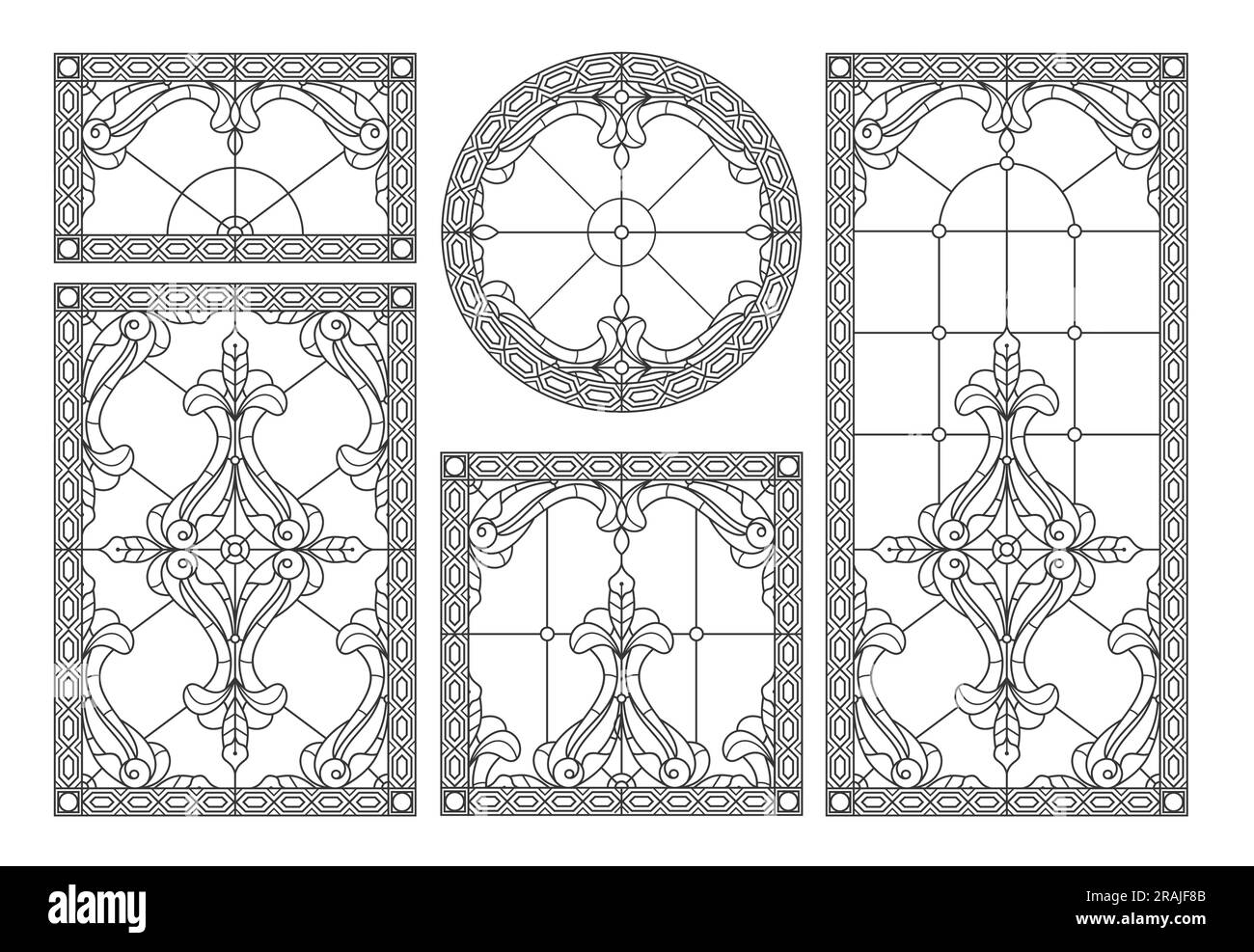 Vektorelemente. Leer für ein klassisches Buntglasfenster mit Blumenverzierungen. Stock Vektor