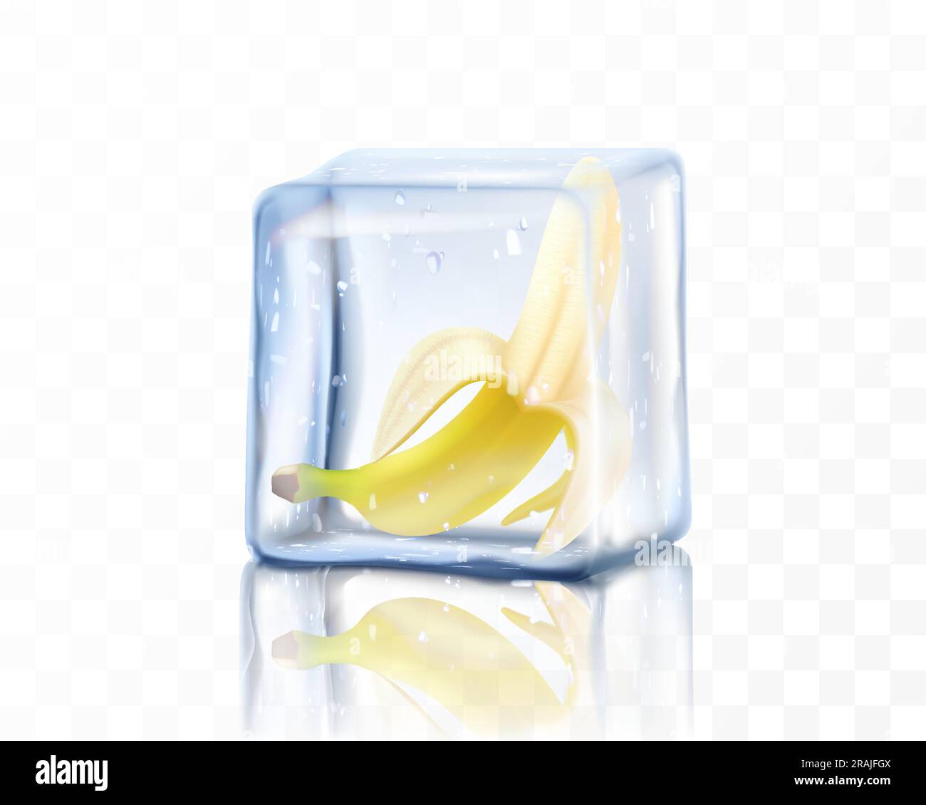 Frisch reife geschälte Banane in Eiswürfel isoliert auf transparentem Hintergrund. Gefrorene Banane, realistische 3D-Vektordarstellung Stock Vektor