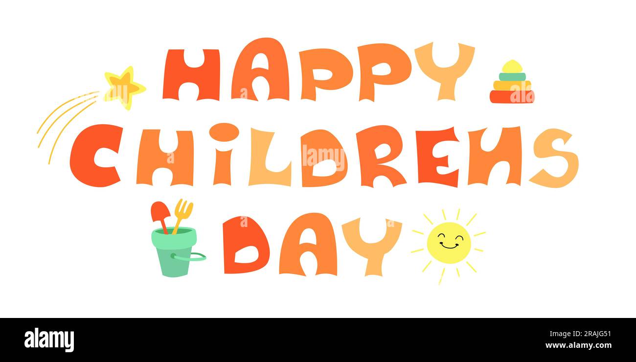 Fröhliche Kindertagsschrift. Feiertagssatz. Handgezeichnete Vektorschrift mit niedlichen Elementen. Stock Vektor