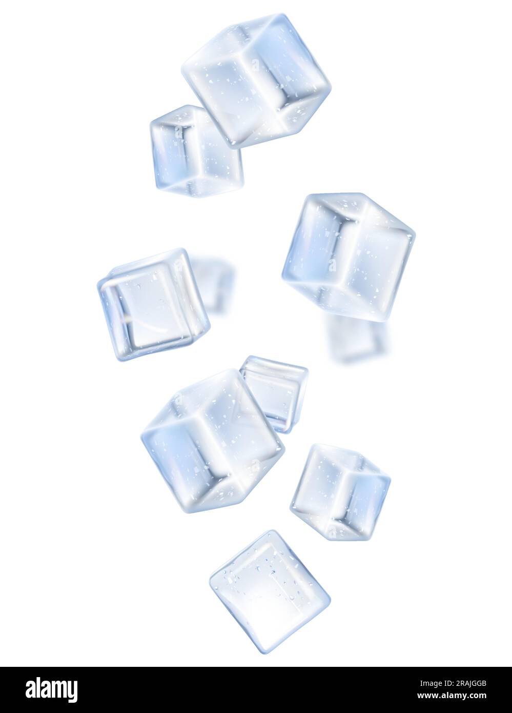 Fallender Eiswürfel, isoliert auf transparentem Hintergrund, selektiver Fokus. Fliegende Eiswürfel mit Unschärfe-Effekt. Realistische 3D-Vektordarstellung Stock Vektor