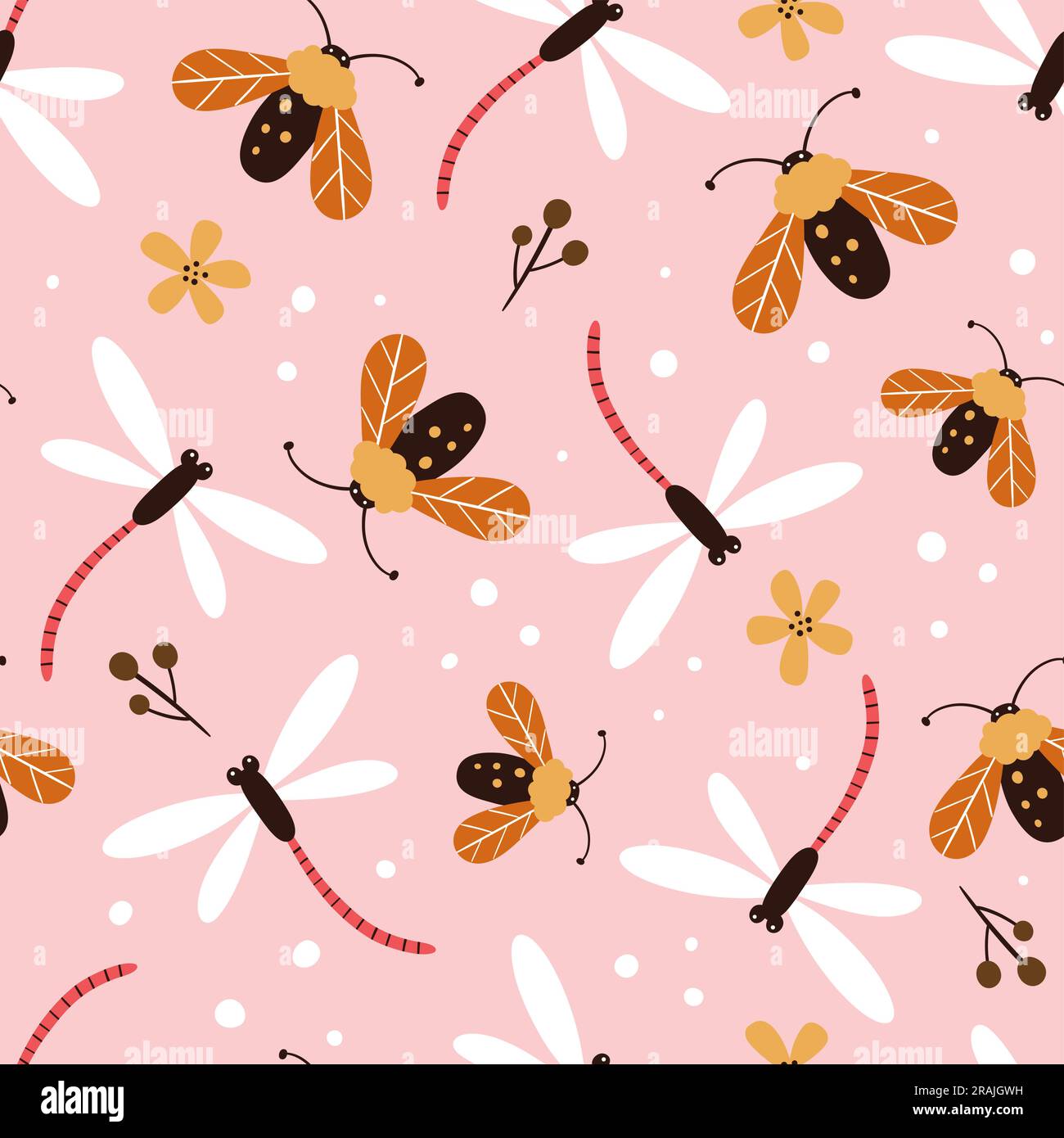Libellen und Motten, nahtloses Muster. Wiederhole das Muster mit süßen Insekten und Blumen auf pinkfarbenem Hintergrund. Quadratisches Design. Vektordarstellung. Stock Vektor