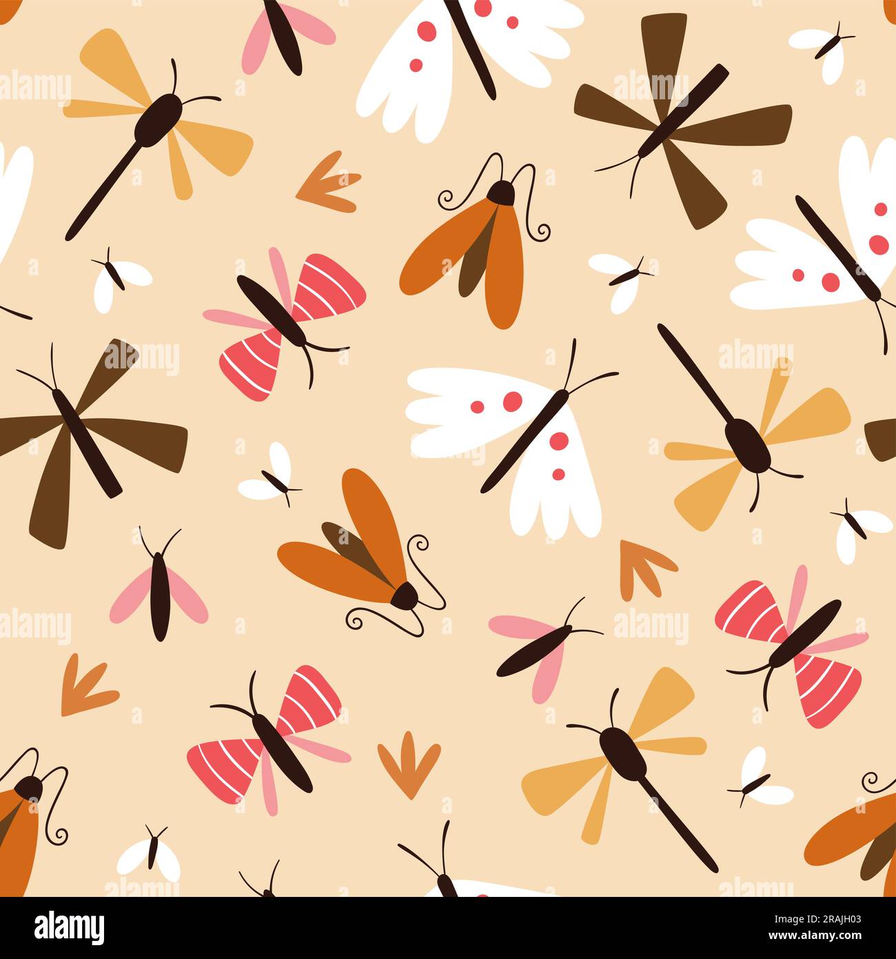 Fliegende Insekten, nahtloses Muster. Wiederhole das Muster mit abstrakten Schmetterlingen, Motten, Libellen und Fliegen, isoliert auf gelbem Hintergrund. Quadratisches Design. Vec Stock Vektor