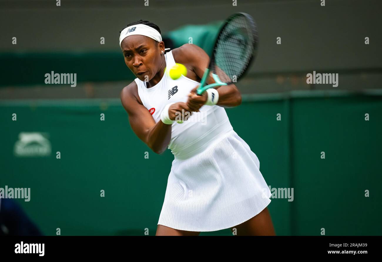 Coco Gauff aus den USA während der Wimbledon Championships 2023 am 3. Juli 2023 im All England Lawn Tennis & Croquet Club in Wimbledon, England Stockfoto