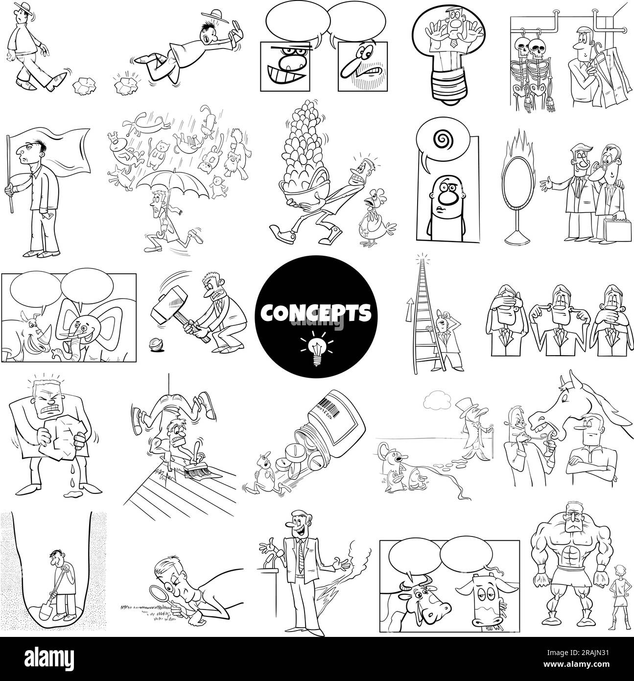 Schwarz-weiß-Abilustrationsset mit humorvollen Cartoon-Konzepten oder Metaphern und Ideen mit Comic-Charakteren Stock Vektor