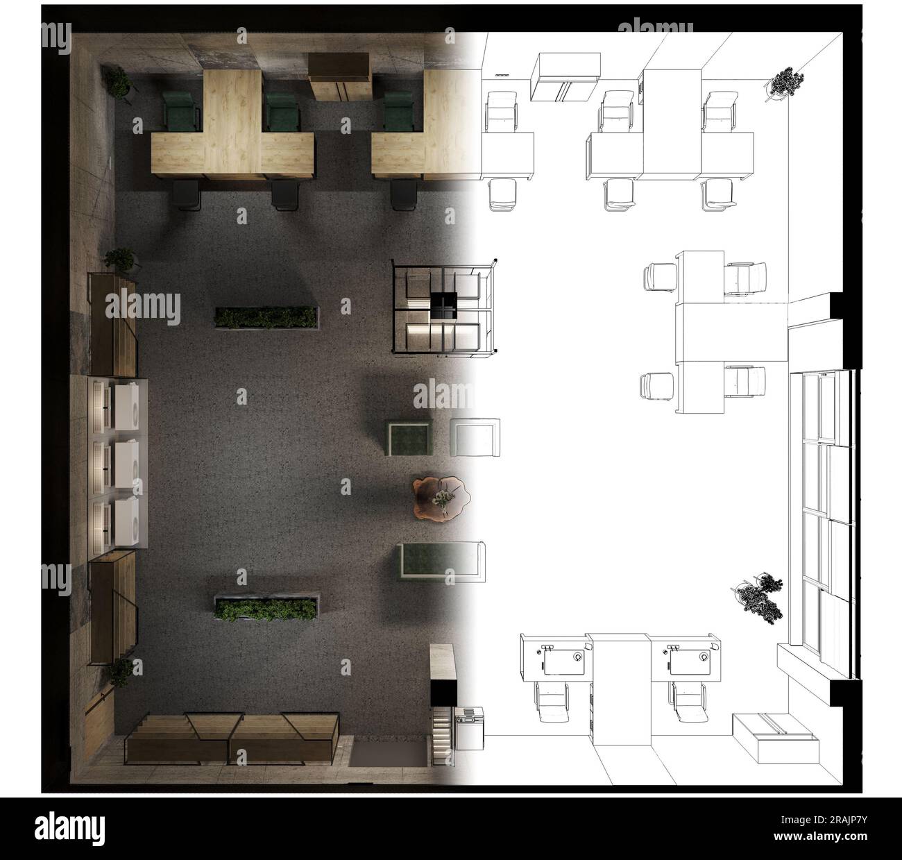 Bürofläche, Innenvisualisierung, 3D-Darstellung, cg-Rendering Stockfoto