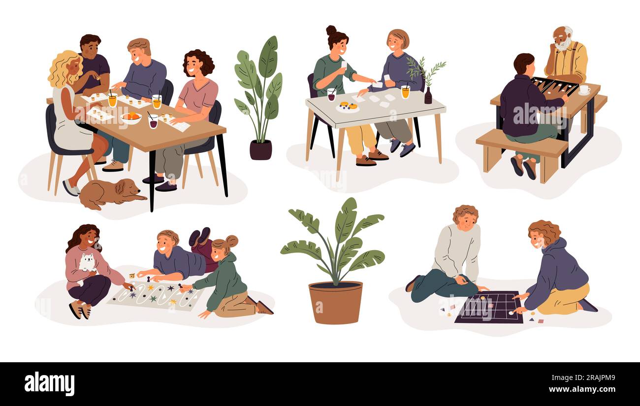 Glückliche Leute spielen Brettspiele. Unterhaltung für Erwachsene. Lotto und Karten-Chips. Strategiespielzeug. Karten und Backgammon. Kinder Wochenendausflug. Glanzvoll Stock Vektor