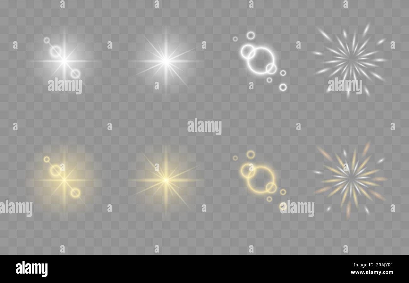 Set aus Licht, Rampenlicht, Sternenlicht-Elementen. Lichteffekte, Explosion, Line, Sonnenblitz, Funke und Stern leuchten isoliert weiß und goldfarben Stock Vektor