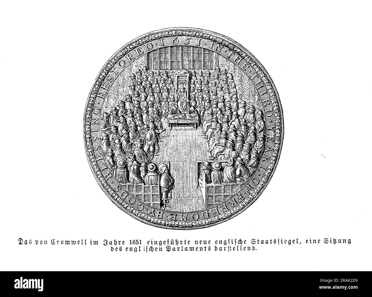 Das englische Regierungssiegel 1651 in der Cromwell Times mit Prägung einer Sitzung des englischen parlaments. Stockfoto