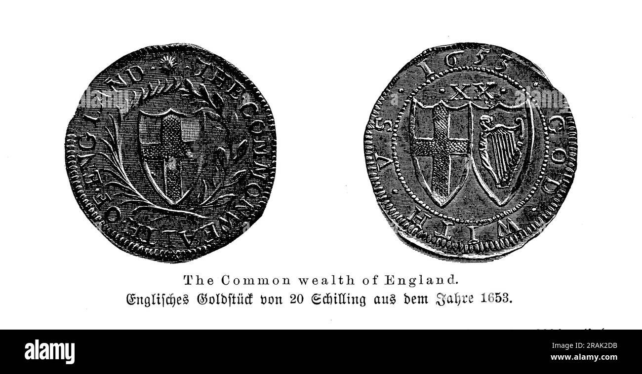 Commonwealth Shilling 1653, historische Münze, der Name einer Einheit moderner Währungen, die früher im Vereinigten Königreich, Australien, Neuseeland, anderen britischen Commonwealth-Ländern und Irland verwendet wurde Stockfoto
