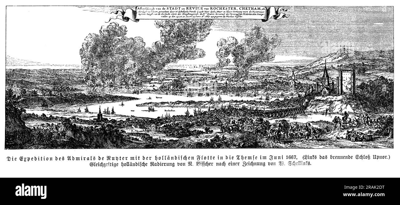 Niederländischer Admiral de Ruyter Fleet Expedition RAID auf dem Medway an der Themsenmündung, juni 1667 mit Burgbrand Upnor (auf der linken Seite) Stockfoto