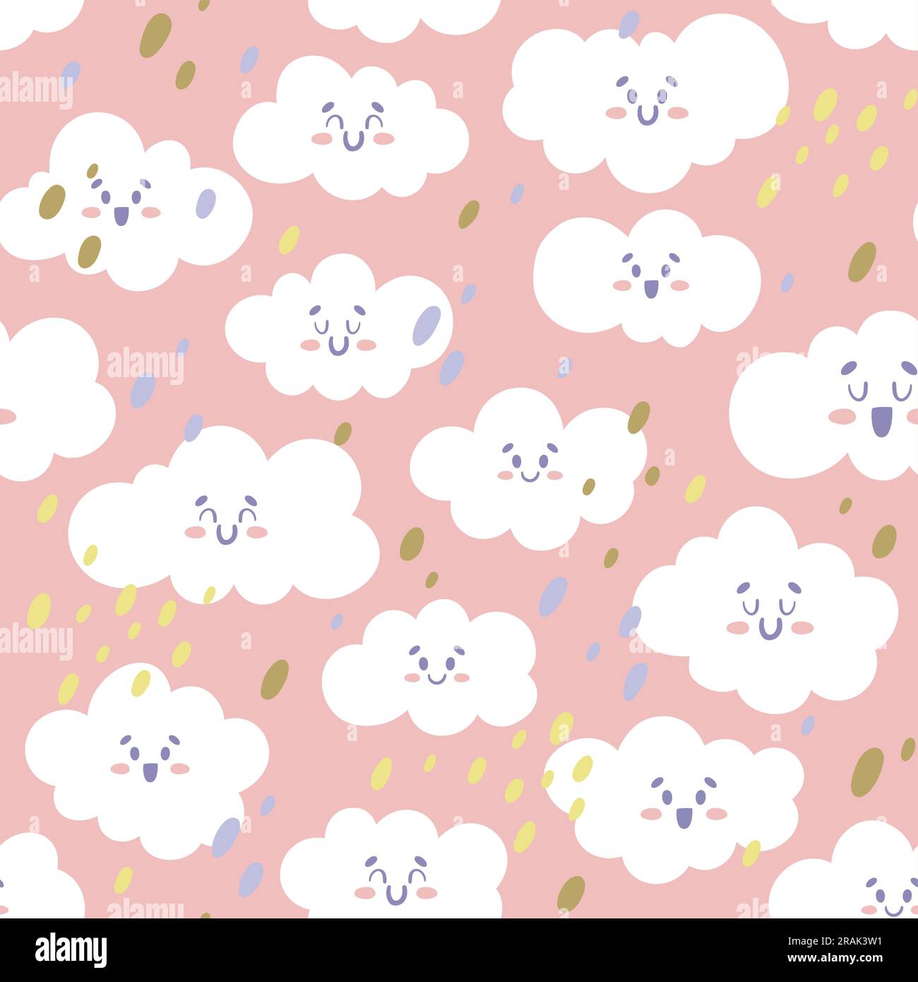 Süßes nahtloses Muster am Himmel. Weiße Wolken wiederholen Muster. Rosafarbener Hintergrund. Kinderzimmer-Dekoration. Abbildung eines flachen Vektors. Stock Vektor