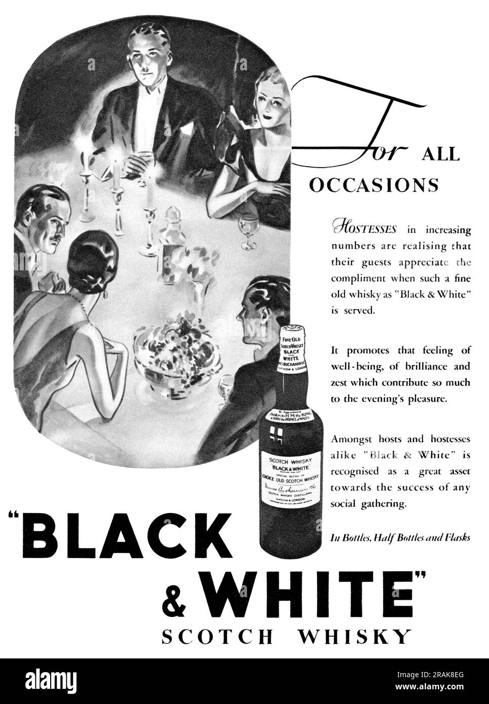 1933 britische Werbung für Schwarzweiß-Scotch-Whisky. Stockfoto