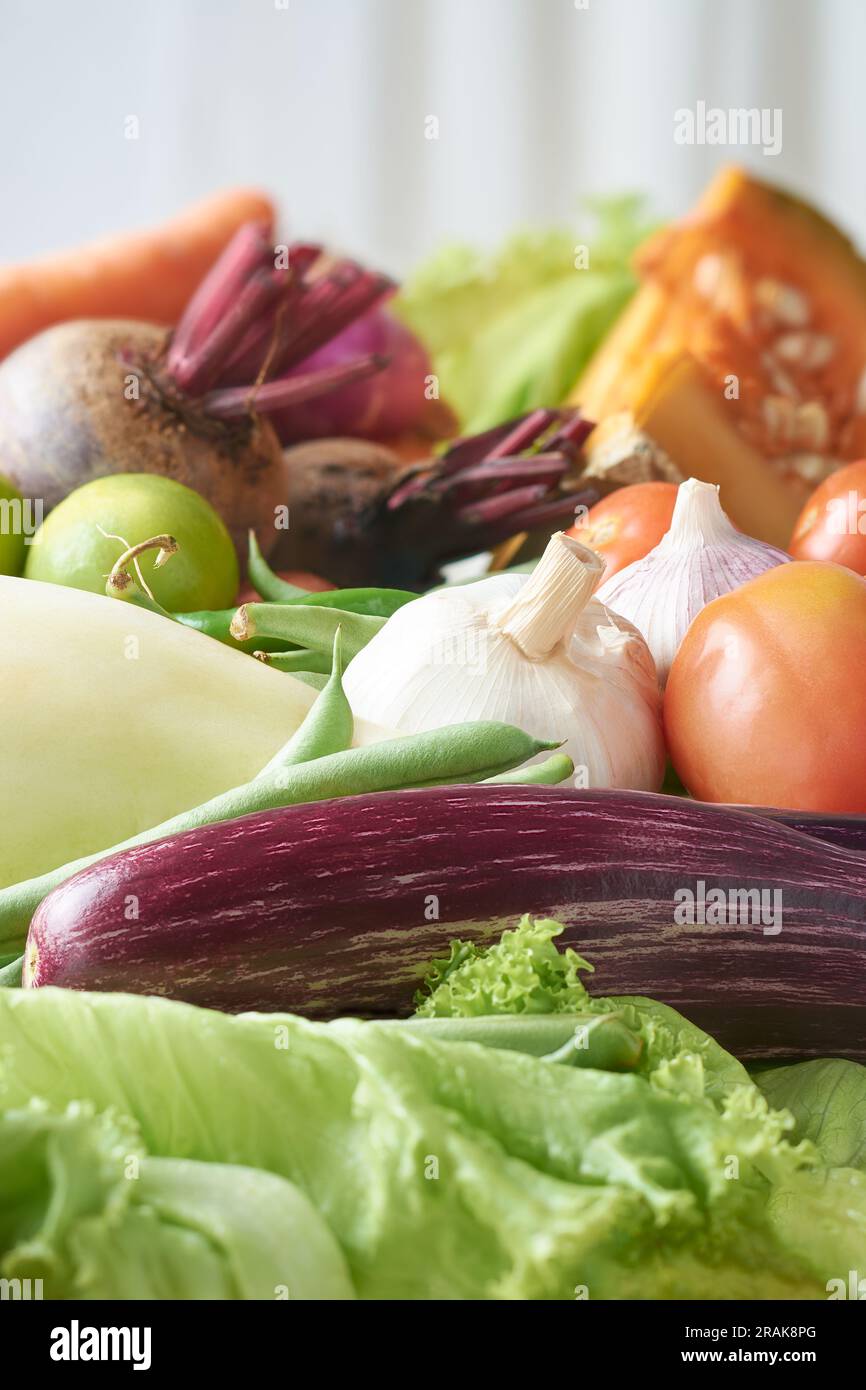Verschiedene gesunde Gemüsesorten, vegetarische Speisen im selektiven Fokus mit Kopierraum, gesundes Esskonzept Stockfoto