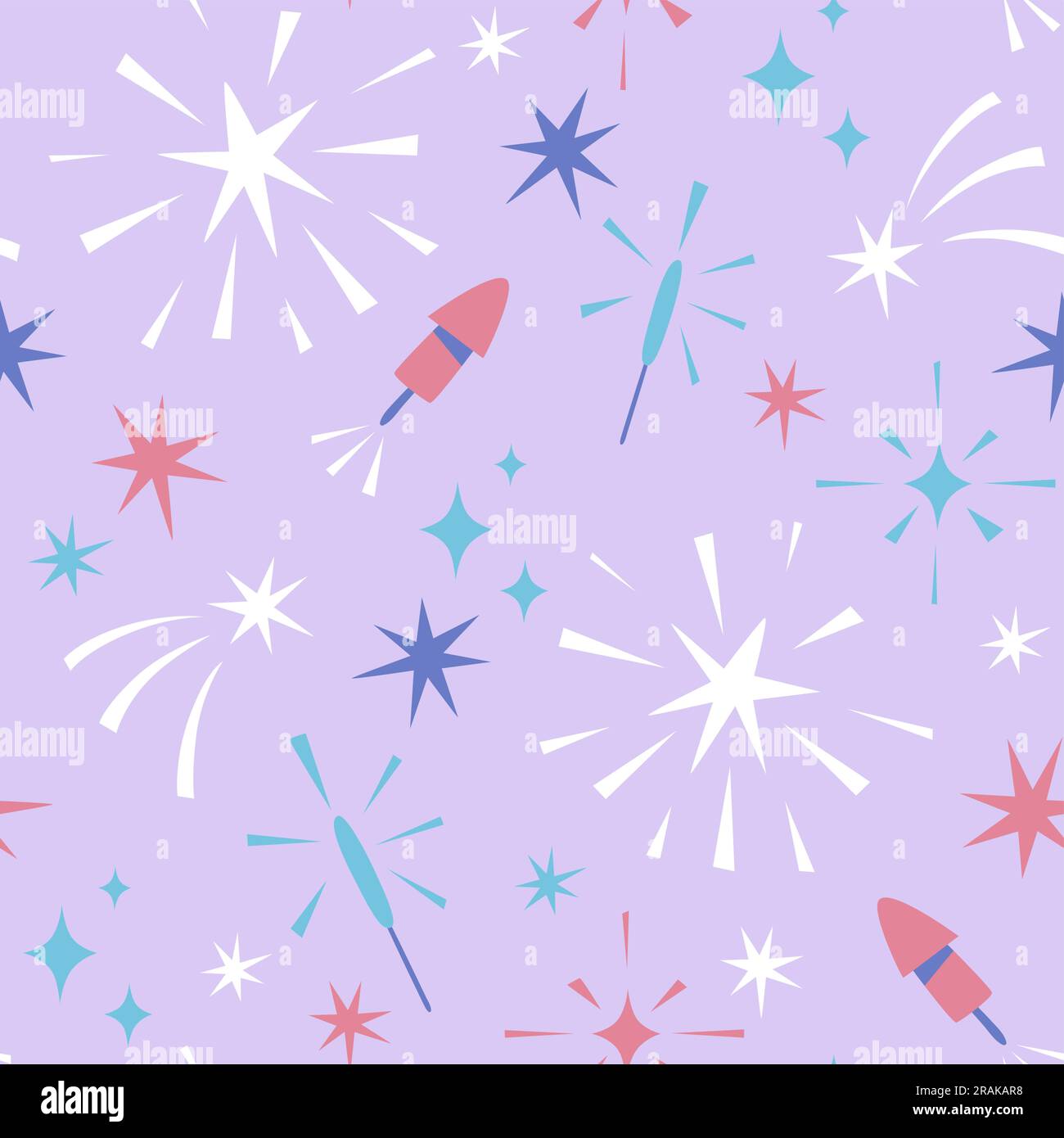 Nahtloses Partymuster. Feuerwerk, Glitzer und Sterne wiederholen sich auf hellviolettem Hintergrund. Vektordarstellung. Stock Vektor