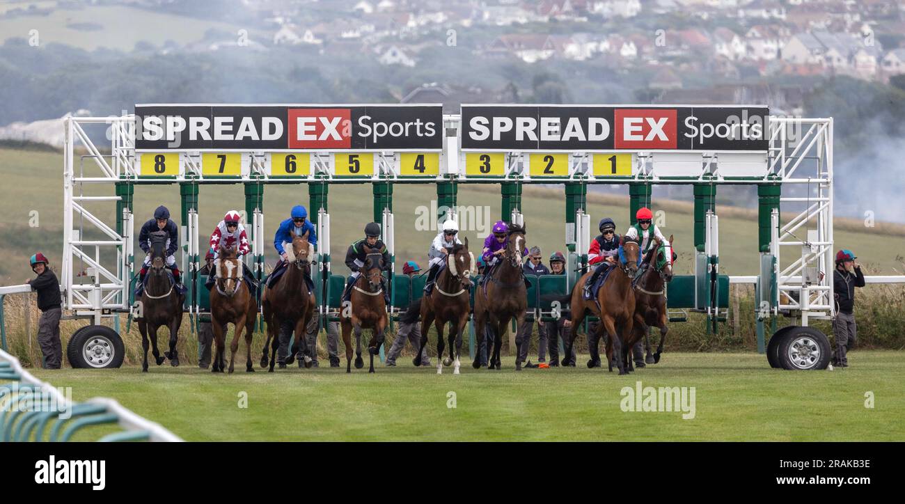 Brighton, Großbritannien. 14. Juli 2023. Eine allgemeine Ansicht, wie Läufer und Fahrer zu Beginn der At the Races App Form Study Handicap auf der Brighton Racecourse aus den Verkaufsständen kommen. Kredit: James Boardman/Alamy Live News Stockfoto