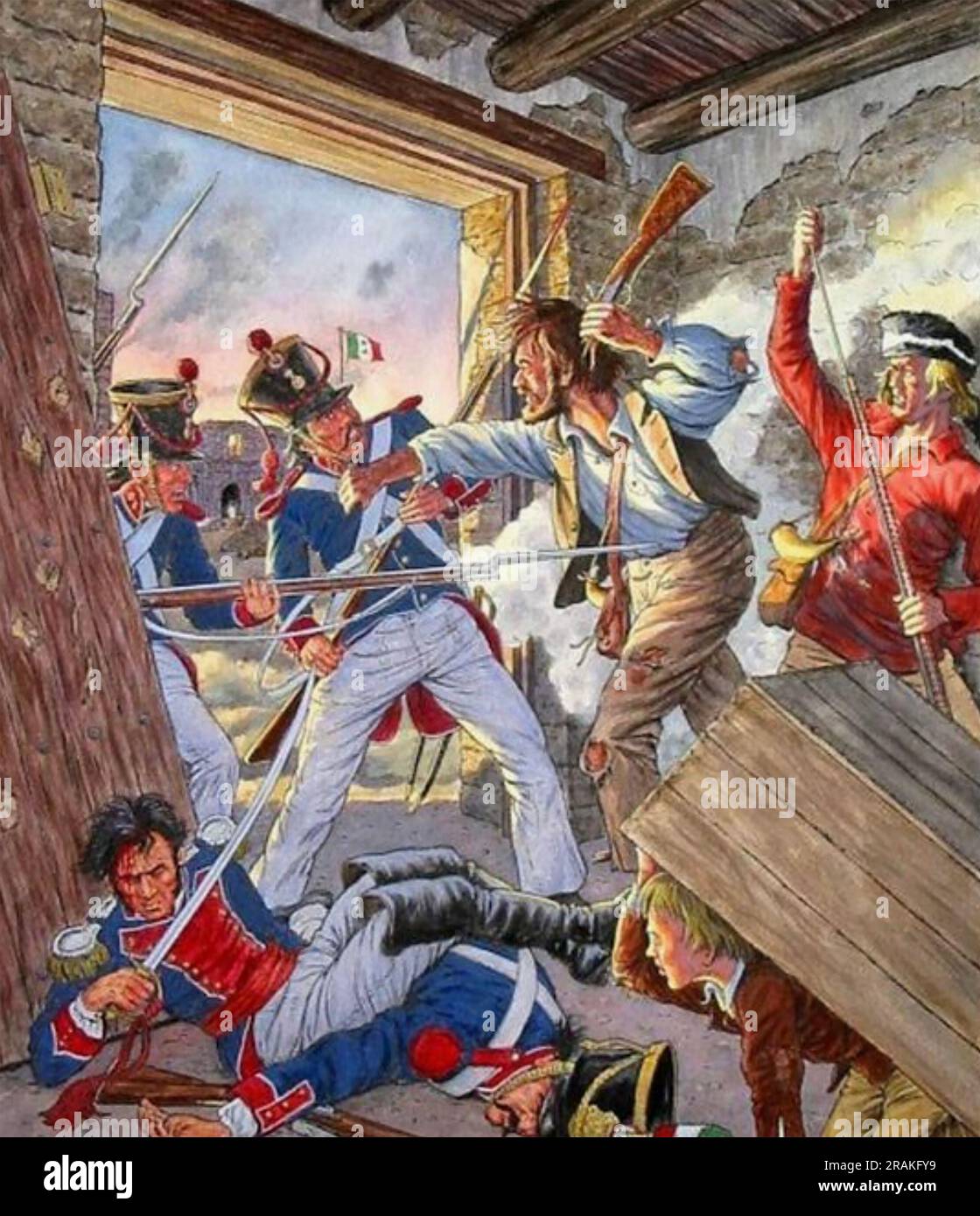 SCHLACHT DER ALAMO 23. Februar bis 6. März 1836. Jim (James) Bowie kämpft gegen die mexikanischen Soldaten. Stockfoto