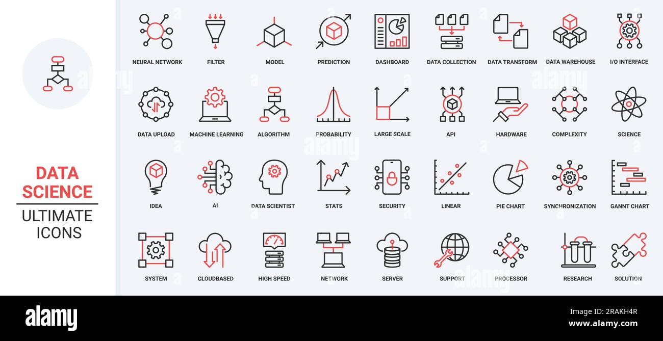Datenbericht und Forschung zu wissenschaftlichen Modellen, Tiefenanalyse mit modischen, roten, dünnen Linien-Symbolen für KI, die Vektordarstellung festlegen. Maschinelles Lernen, Wahrscheinlichkeitsberechnung, Algorithmen und Systemvorhersage. Stock Vektor