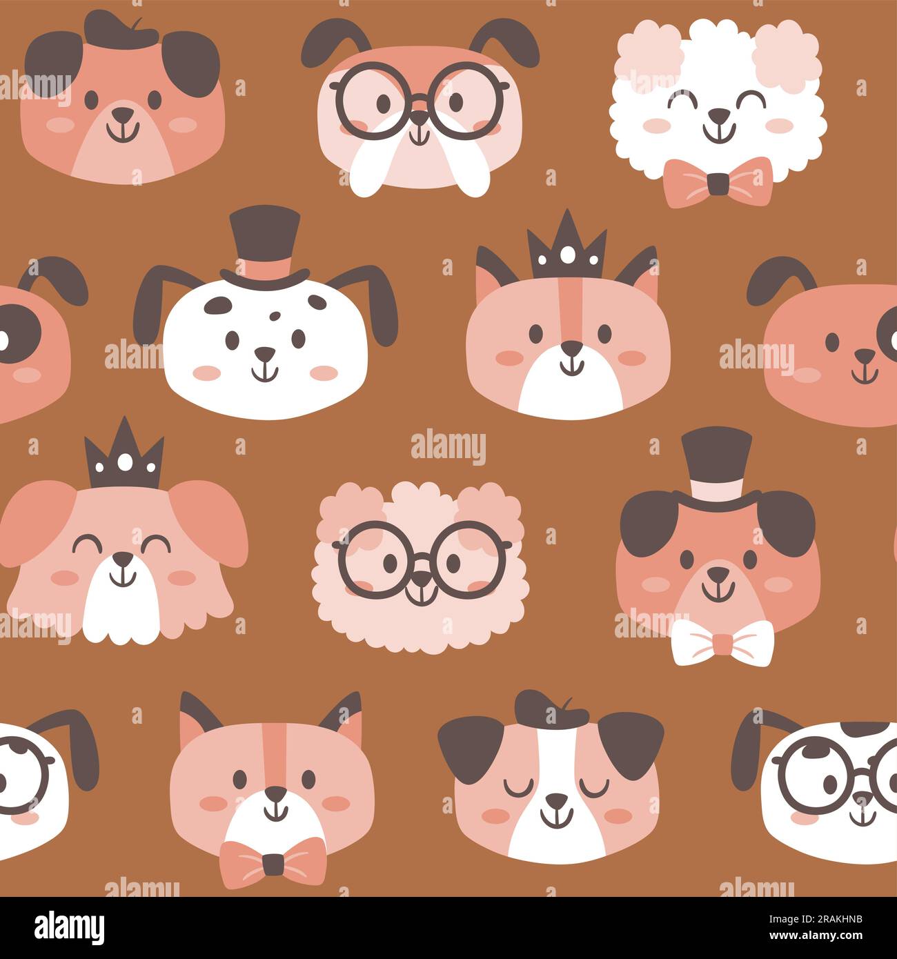 Kostümhunde mit nahtlosem Muster. Lustige Hundegesichter mit Accessoires wie Fliege, Hüte und Brille. Kinderzimmer-Dekoration. Quadratisches Muster. Vec Stock Vektor