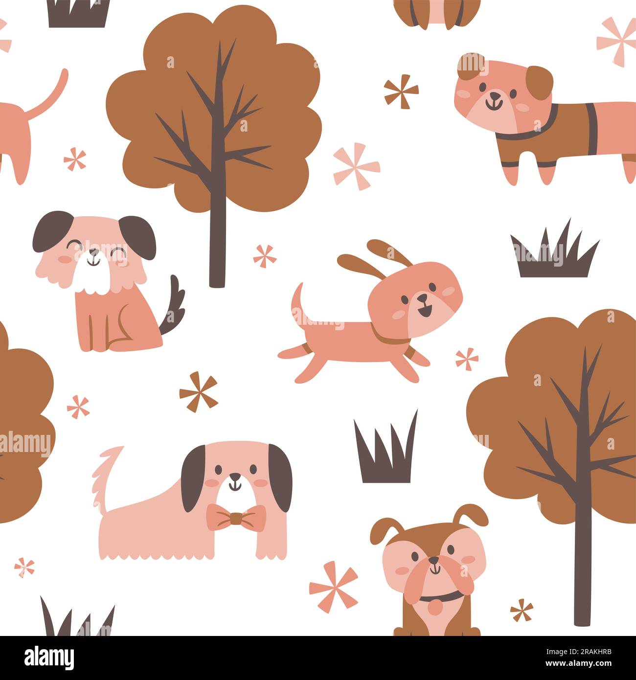 Süße Hunde und Bäume, nahtloses Muster. Haustiere haben Spaß im Park. Kinderzimmer-Dekoration. Quadratisches Muster. Vektordarstellung. Stock Vektor