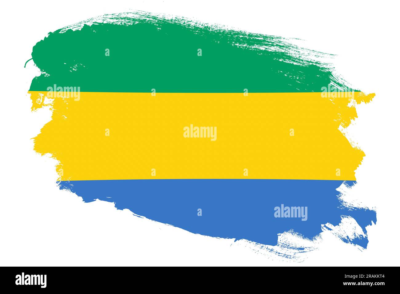 Gabunische Nationalflagge auf weißem Hintergrund mit Grunge-Strichpinsel Stockfoto