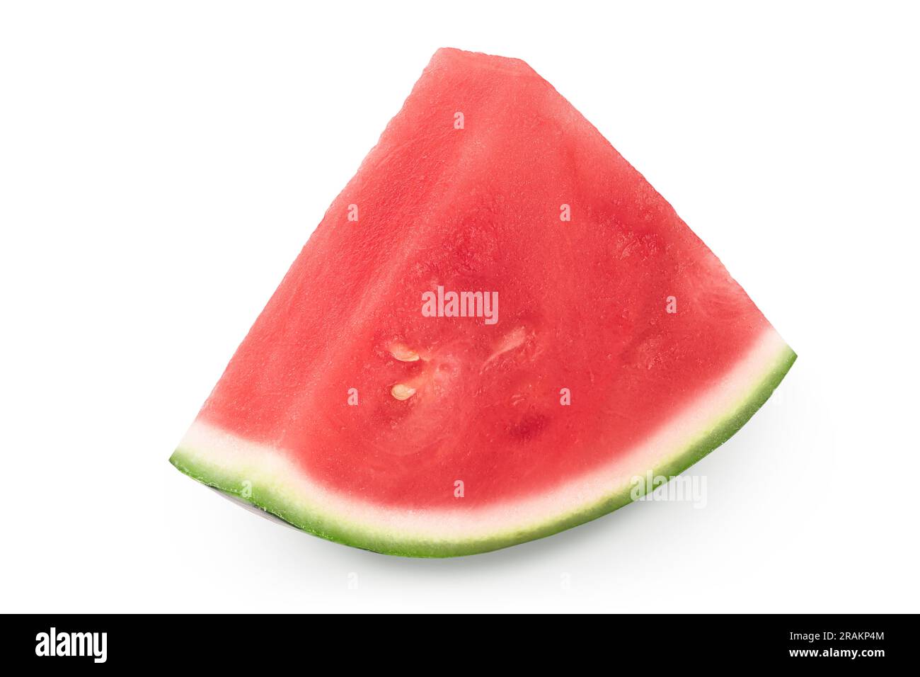 Rote, kernlose Wassermelonenscheiben isoliert auf weißem Hintergrund mit voller Schärfentiefe. Stockfoto