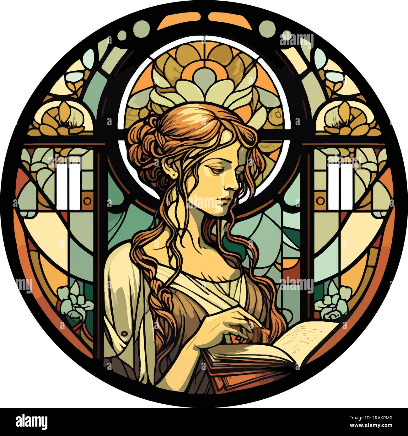 Buntglasfenster im Jugendstil mit einer Frau, die Buch liest, runder Rahmen, Blumenmotiv. Stock Vektor