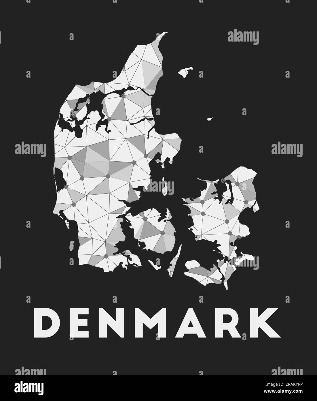 Dänemark - Karte des Kommunikationsnetzes des Landes. Dänemark: Trendiges geometrisches Design auf dunklem Hintergrund. Technologie, Internet, Netzwerk, Telekommunikation c Stock Vektor