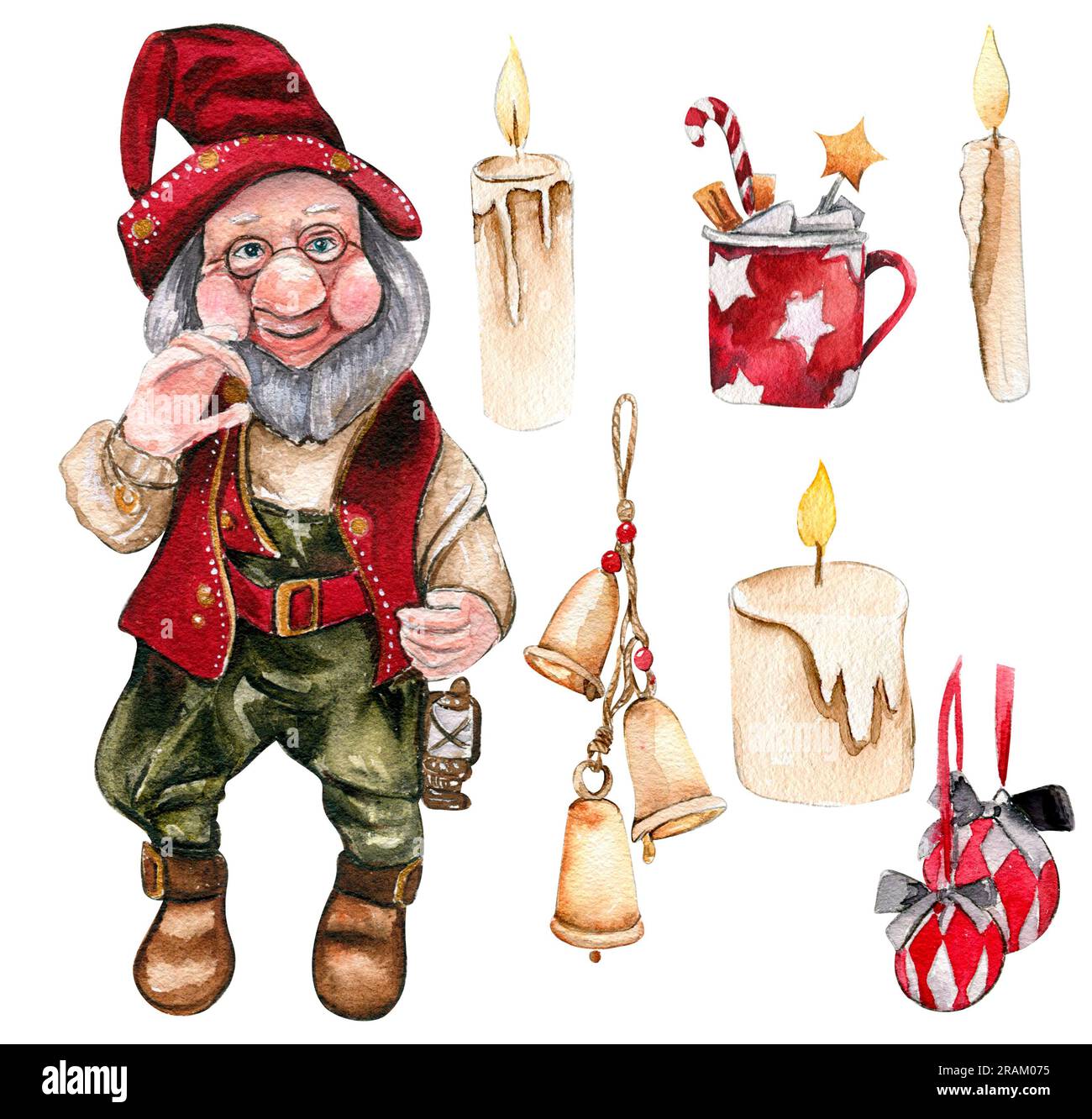 Ein Weihnachtszwerg, Kerzen und Neujahrsspielzeug. Handgezeichnete Aquarellzeichnung für Winterferien. Perfekt für Postkarten, Einladungen, T-shir Stockfoto