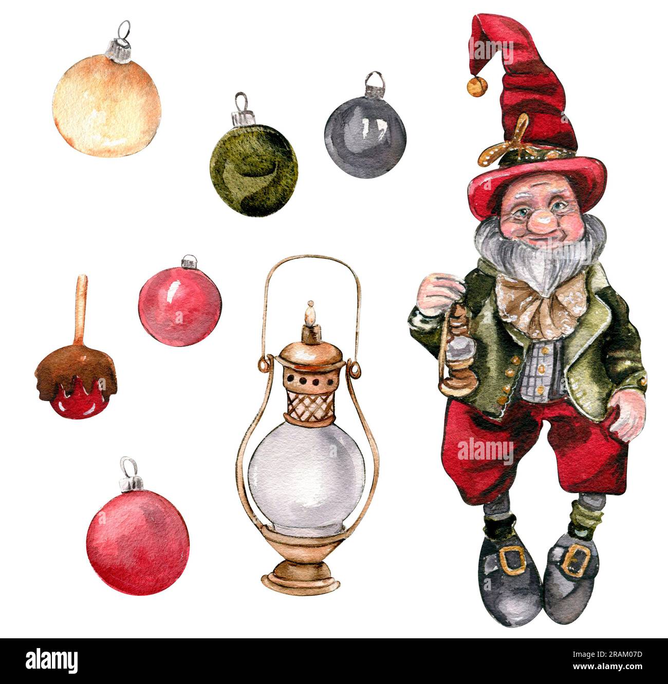 Ein Weihnachtszwerg und Neujahrsspielzeug. Handgezeichnete Aquarellzeichnung für Winterferien. Perfekt für Postkarten, Einladung, T-Shirt, Poster Stockfoto