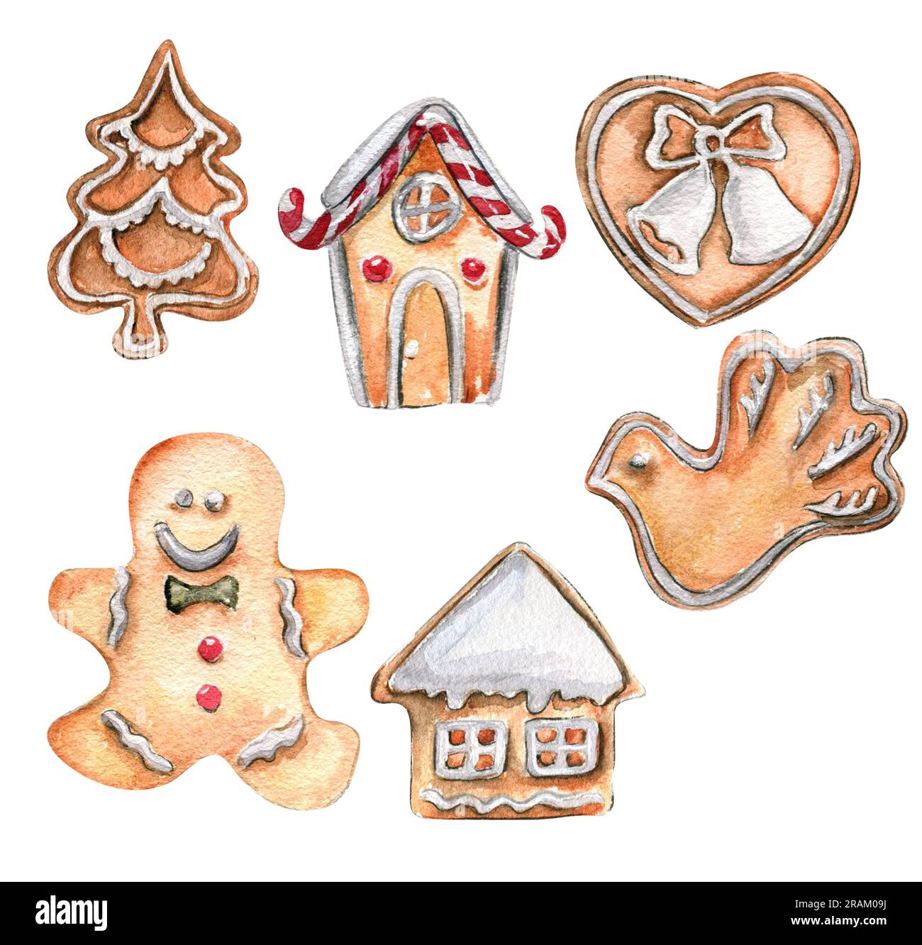 Ein Weihnachtskeks. Handgezeichnete Aquarell-Illustration von Gebäck in Vogel-, Haus- und Herzform für Winterferien. Perfekt für Postkarten, Einladungen Stockfoto