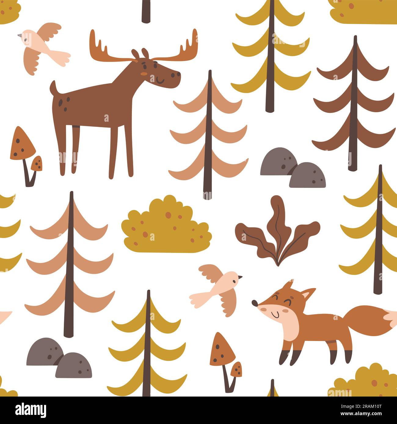Nahtloses Waldmuster. Hirsche und Füchse zwischen Bäumen isoliert auf weißem Hintergrund. Quadratisches Muster. Vektordarstellung. Stock Vektor