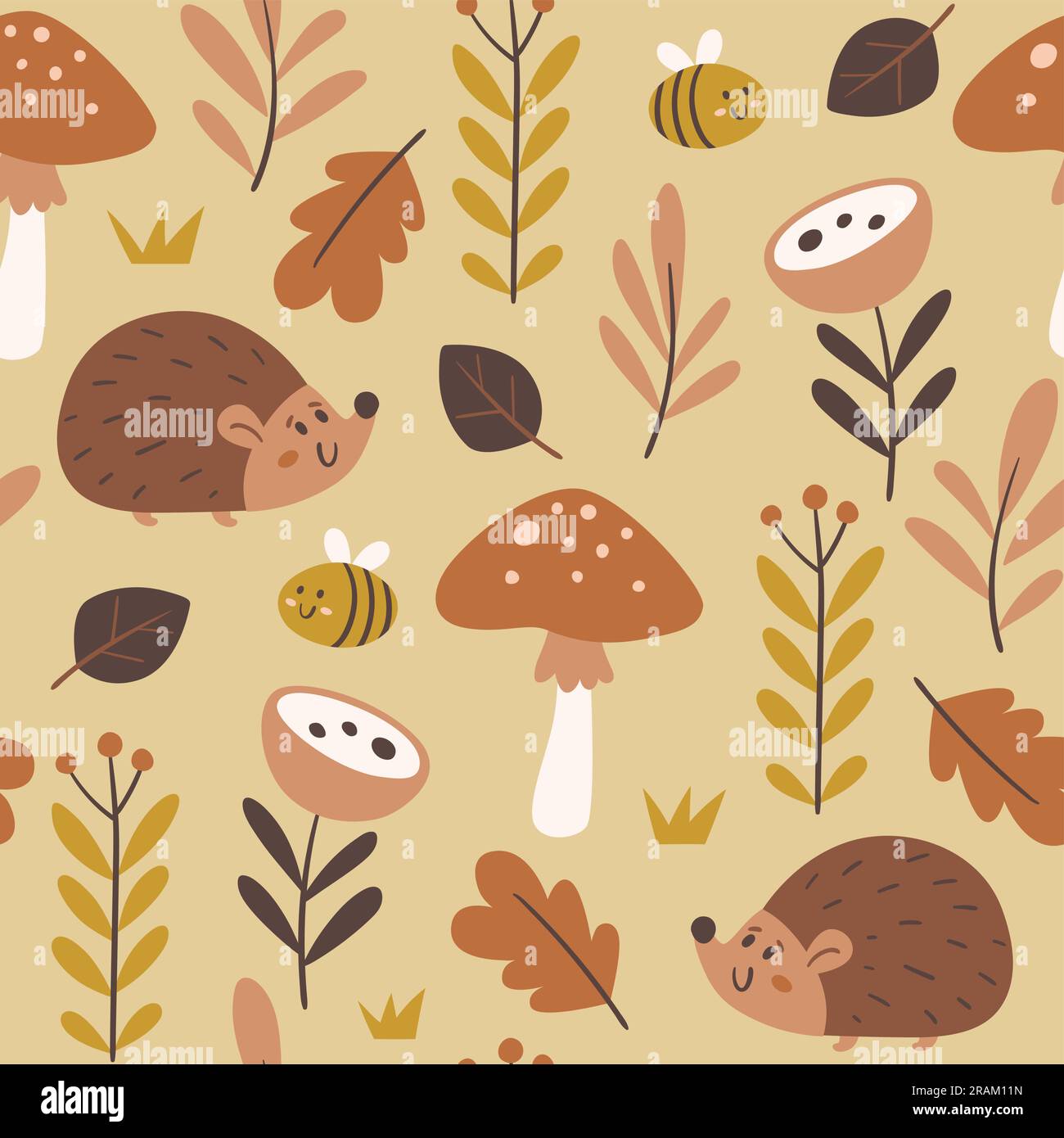 Süße Stachelschweine und Bienen, nahtloses Muster. Holzlebenskonzept. Quadratisches Muster. Vektordarstellung. Stock Vektor