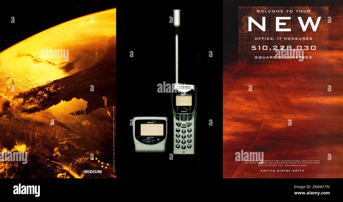 Motorola Iridium – erster Werbespot für tragbare Satellitenmobiltelefone in einem Magazin 1998 Stockfoto