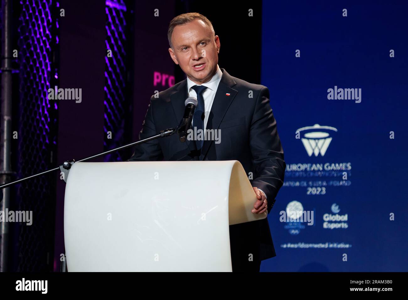 Andrzej Duda, Präsident der Republik Polen, spricht während der Eröffnungszeremonie bei den Esportmeisterschaften 2023 Stockfoto