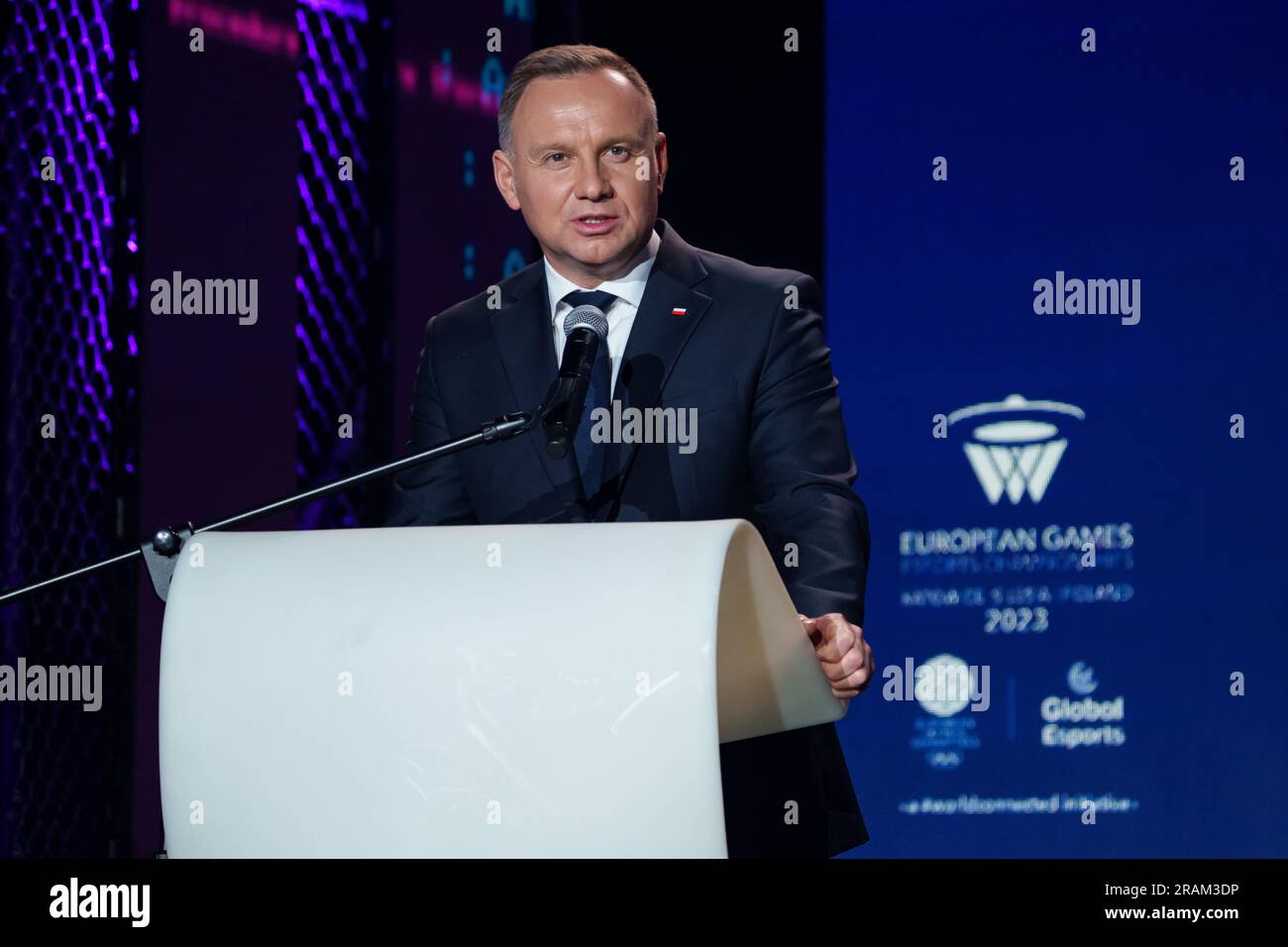 Andrzej Duda, Präsident der Republik Polen, spricht während der Eröffnungszeremonie bei den Esportmeisterschaften 2023 Stockfoto