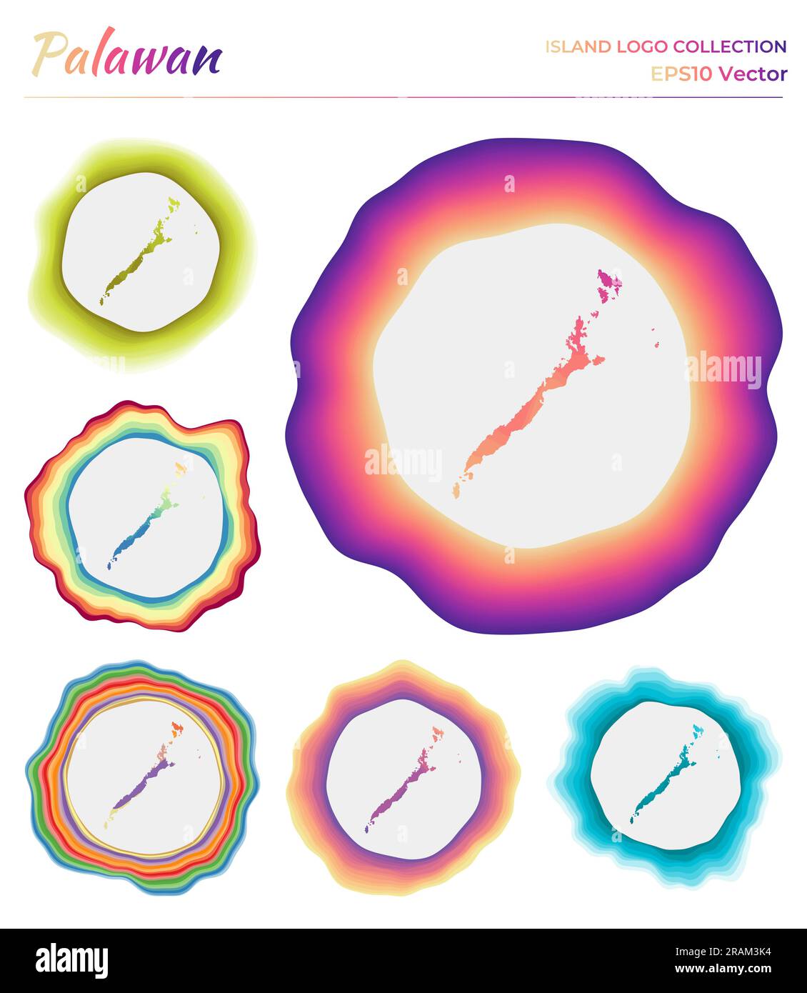 Palawan Logo-Kollektion. Farbenfrohes Abzeichen der Insel. Ebenen um die Palawan-Rahmenform. Vektordarstellung. Stock Vektor