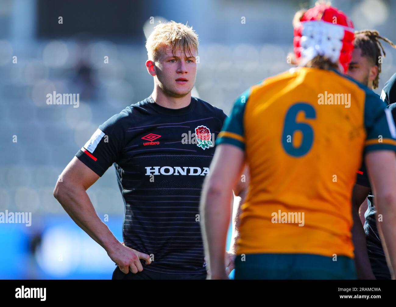 Kapstadt, SÜDAFRIKA - Dienstag, 04. Juli 2023, Nathan Michelow von England während des World Rugby U20 Championship-Spiels zwischen Australien und England im Athlone Stadium in Kapstadt, Südafrika. Stockfoto