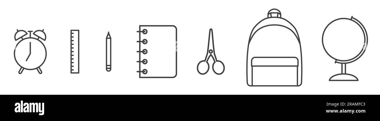 Zurück zur Schule Ikonenset, Wecker, Lineal, Schere, Bleistift, Notizbuch, Schere, Rucksack und Kugel – Vektordarstellung Stock Vektor