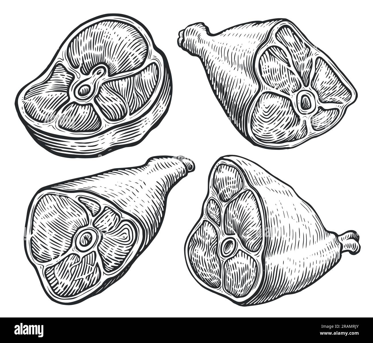 Schinken, Schweinekeule, Rindersteak, Speck. Farmfleisch-Set. Lebensmittelkonzept, handgezeichnete Skizzenvektordarstellung Stock Vektor