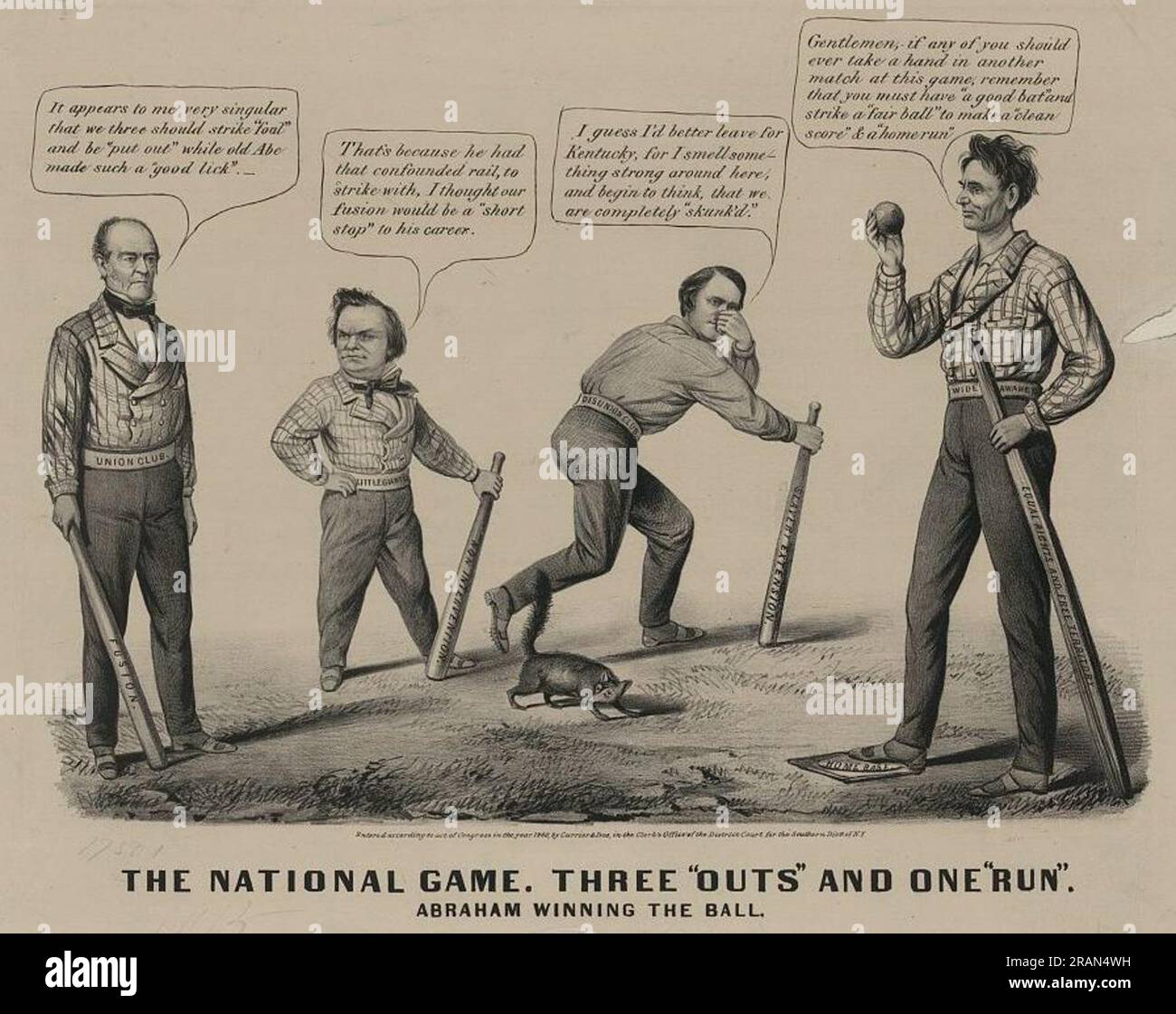 Das Nationalspiel. Drei Outs und ein Run 1860 von Currier und Ives Stockfoto
