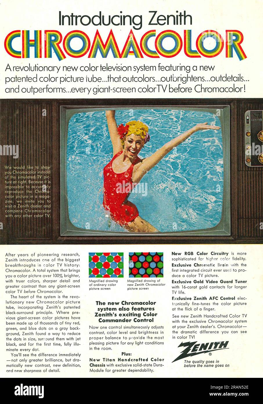 Zenith Farbfernseher, Zenith Chromacolor Werbespot in einer Zeitschrift 1969 Stockfoto