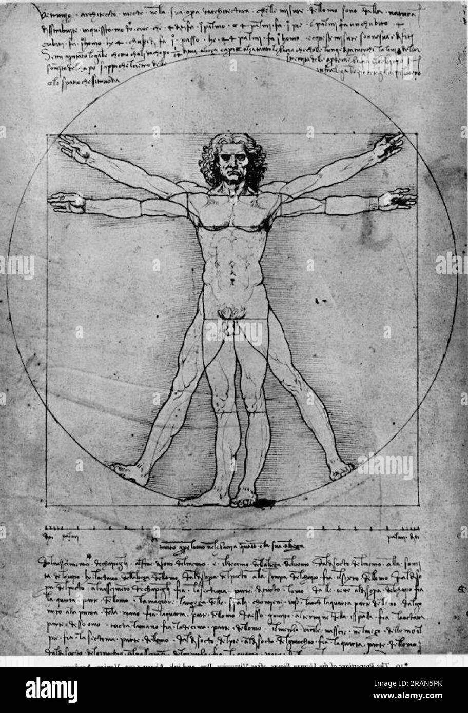 Die Proportionen der menschlichen Figur (der vitruvianische Mann) 1492; Mailand, Italien von Leonardo da Vinci Stockfoto