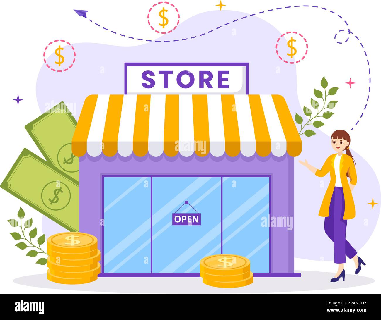 „Small Business Loan Vector“-Illustration mit Store Support Protection and Growth wird in Form von handgezeichneten Flat Cartoon Background Templates entwickelt Stock Vektor