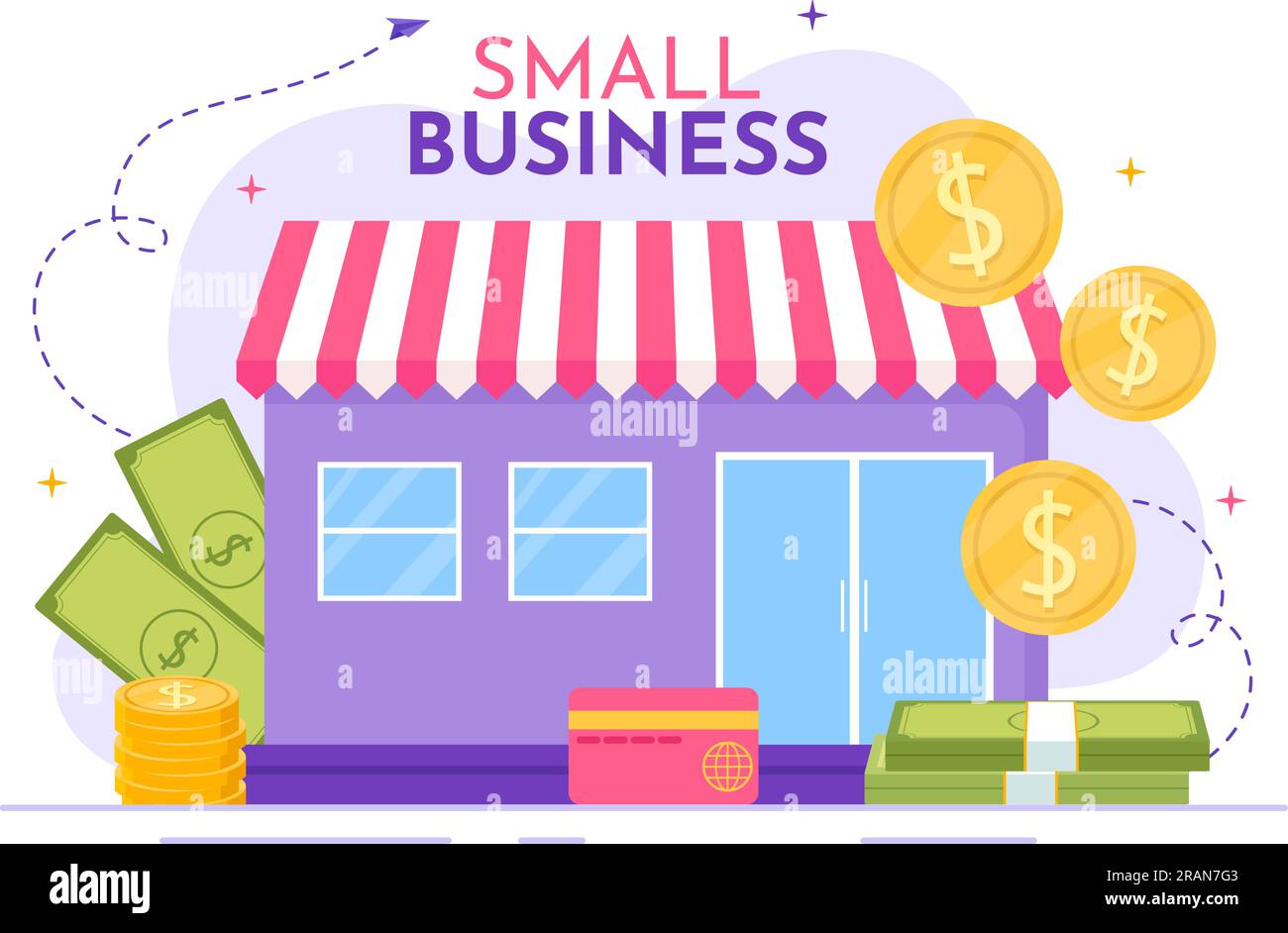 „Small Business Loan Vector“-Illustration mit Store Support Protection and Growth wird in Form von handgezeichneten Flat Cartoon Background Templates entwickelt Stock Vektor