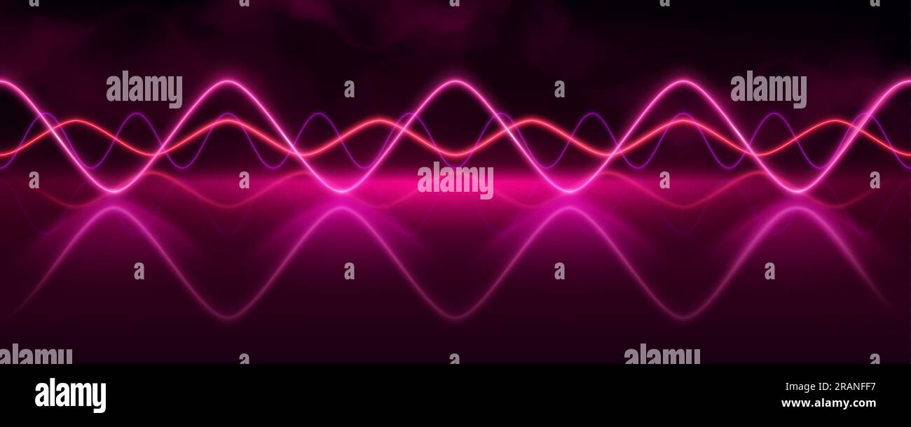 Pink Neon Audio Sound Voice Wave Pulse Light. Abstrakter Radio-elektronischer Frequenzvektoreffekt-Hintergrund. Lebendige Equalizer-Wellenform mit Rauch und verschwommener Kurvendarstellung. Stock Vektor