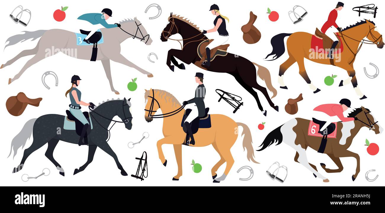 Reiter. Beispielmuster Pferd, Reiter, Steigbügel, Bit, Hufeisen, Sattel, Zauber, Apfel, Karotte. Darstellung von Jockeys auf dem Pferderücken und Stock Vektor