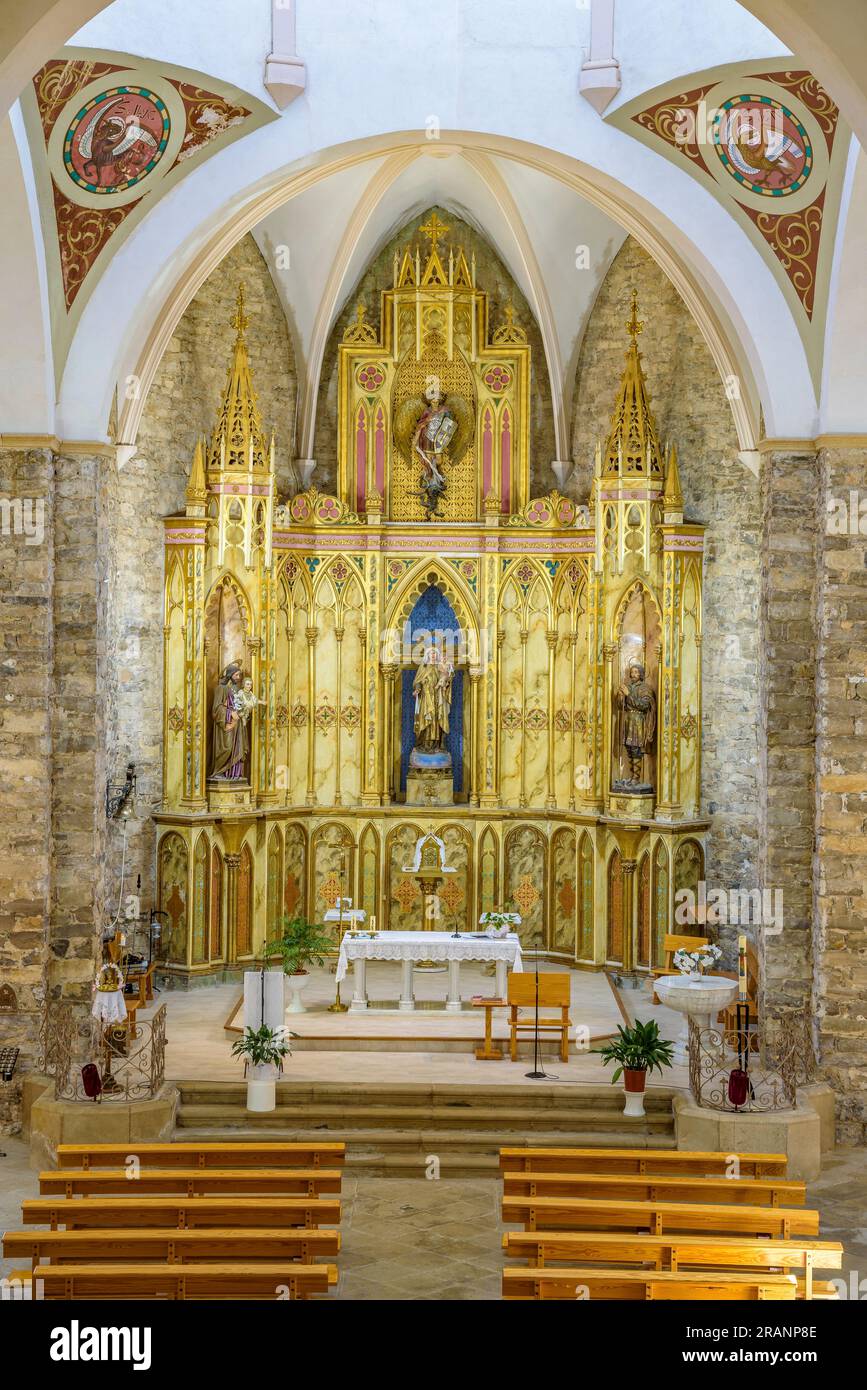 Altar in der Kirche Miralcamp (Pla d'Urgell, Lleida, Katalonien, Spanien) ESP: Retablo en el interior de la iglesia de Miralcamp (Lérida) Stockfoto